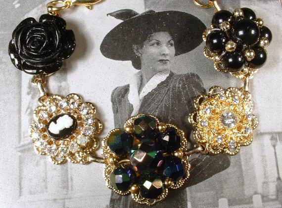 Hochzeit - Vintage French Jet Black Crystal & Rhinestone Gold Charm Bracelet, Repurposed Cluster Earring Jewelry OOAK Bridesmaids Wedding Gift modern
