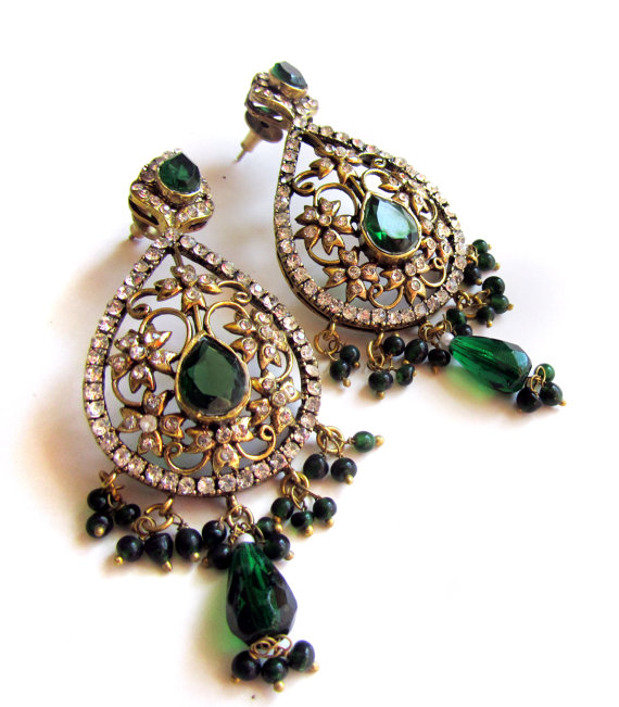 Wedding - Green Chandelier Earrings,Filigree Gold Earrings,Crystal Earrings,Indian Jewelry,prom Earrings,wedding Jewellery by TANEESI