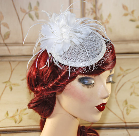 Hochzeit - Ivory Fascinator with Birdcage Veil - Cream Bridal Hat - Wedding Fascinator - British Tea Party Hat - Bridal Fascinator
