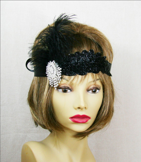 Mariage - Black Gatsby Headband, Crystal Gatsby Headpiece, Gatsby Wedding, 1920s Flapper Headband, Black Headpiece, Feather Headband, Party Gala Event