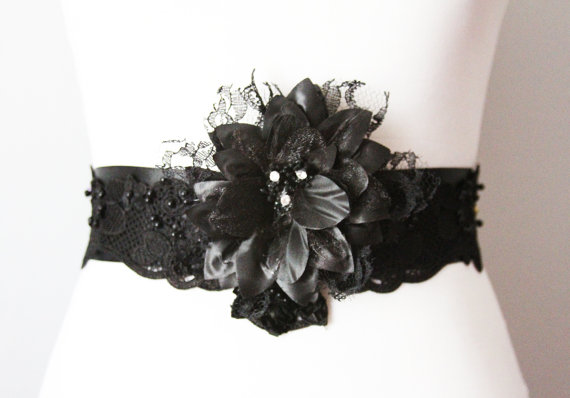 Wedding - Bridal Couture - Black Lace Beads Beaded Flower Sash Belt - Wedding Dress Sashes Belts