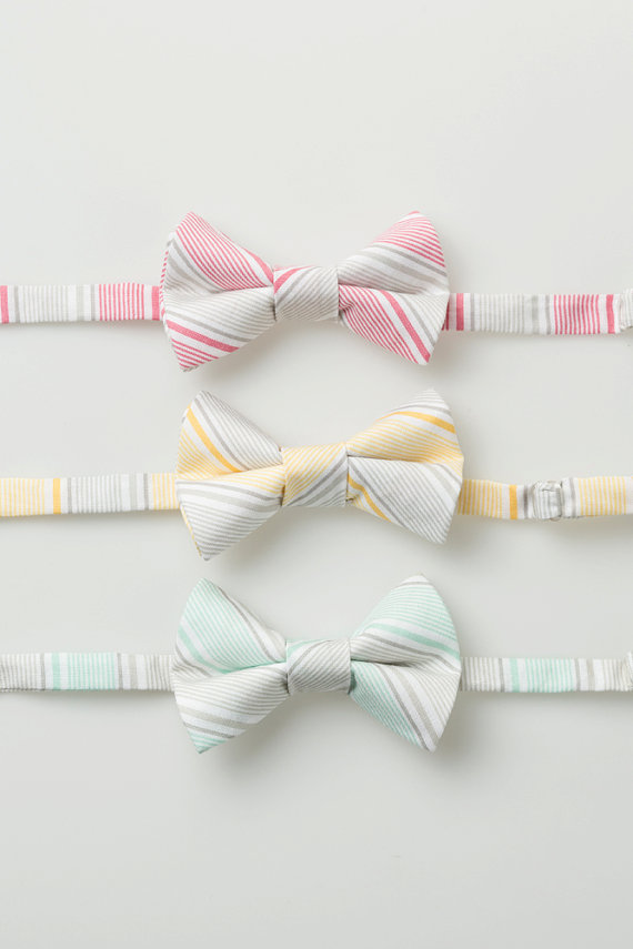 Hochzeit - Little Boy Bowties - Gray Stripes - Pink, Yellow, or Mint - Ring Bearer Bow Ties