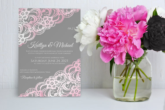 زفاف - DiY Wedding Invitation Template - Download Instantly - EDITABLE TEXT - Vintage Lace (Dark Gray & Pink Flipped)  - Microsoft® Word Format