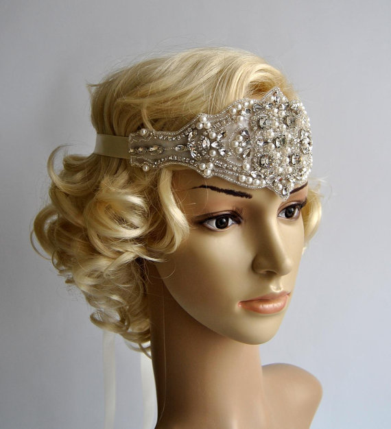 Wedding - Crystal Rhinestone & Pearls  flapper Gatsby Headband, Wedding Headband, Wedding Headpiece, Halo Bridal Headpiece, 1920s Flapper headband