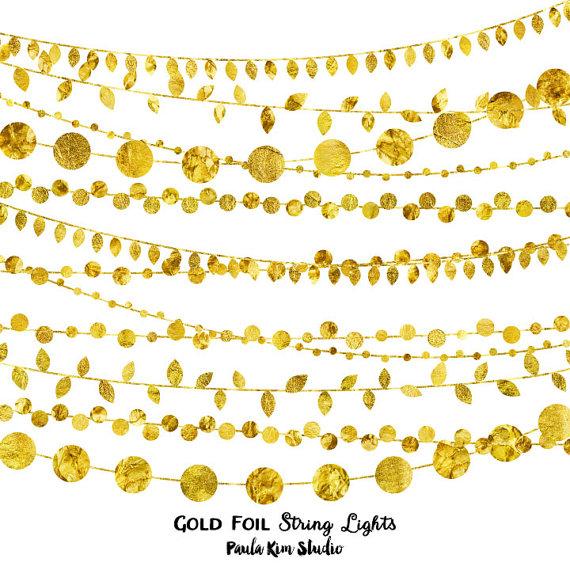 Wedding - 75% OFF SALE Gold Foil String Lights Clip Art, Digital Instant Download, Wedding Invitation Clipart, Commercial Use