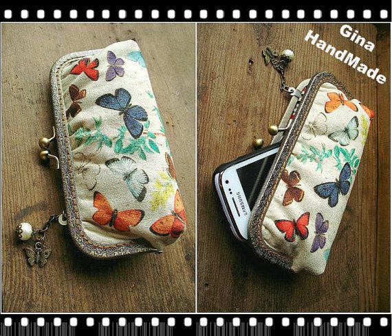 Wedding - Vintage Butterfly iphone case // Coin metal purse / Wallet / Pouch / Coin purse / wedding clutch / kiss lock frame purse bag-GinaHandmade
