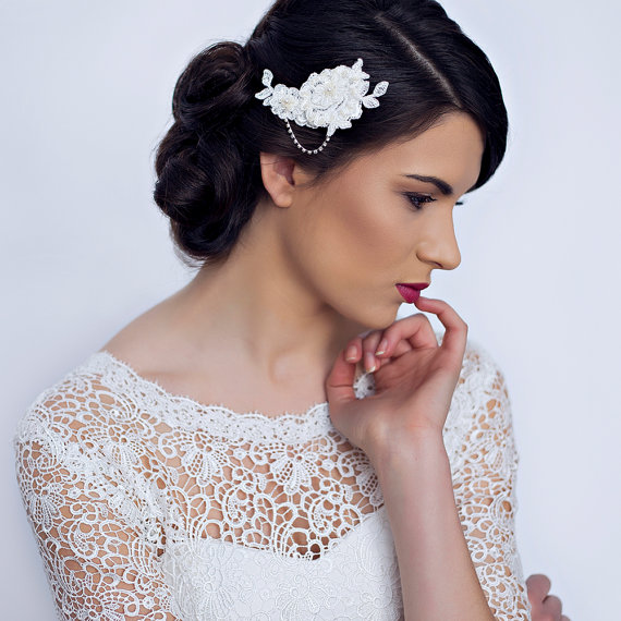Свадьба - Mini Lace Bridal Head Piece with Rhinestone - Lace Wedding Hair Pin - Wedding Hair Accessories
