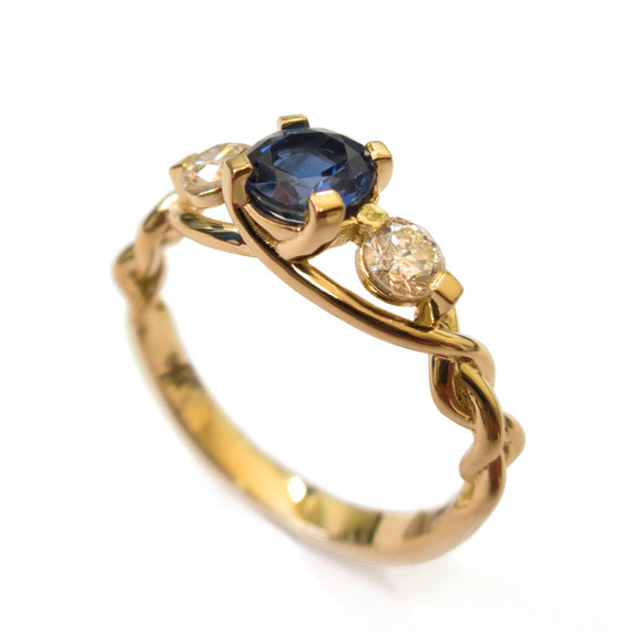 Hochzeit - Braided Engagement Ring - Sapphire and Diamond engagement ring,yellow gold diamond ring, engagement ring, celtic ring, three stone ring