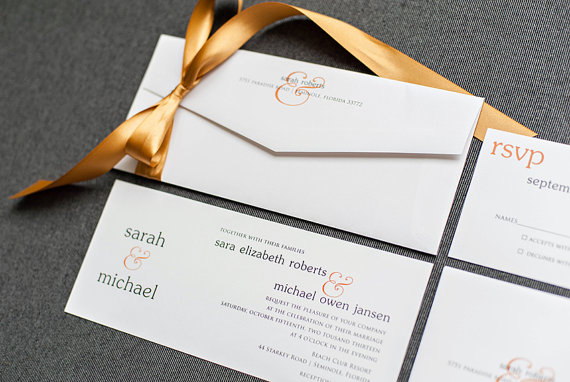 Hochzeit - Orange Modern Wedding Invitation Suite - Skinny Ampersand - Custom Colors - Sarah and Michael