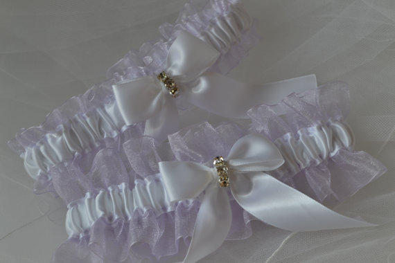 Hochzeit - Wedding Garter, White Satin And Lavender Sheer Organza, Rhinestone Garters, Garter Belts