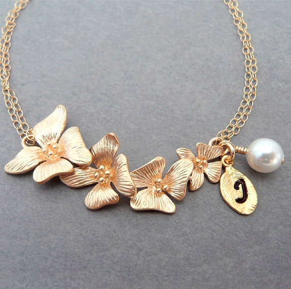 Wedding - Personalized Bracelet, Gold Flower Bracelet & Pearl, Flower Girl Gift, Bridesmaid Gift, Bridesmaid Bracelet, Bridal Jewelry, Orchid Flower