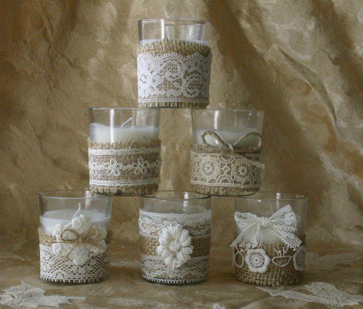 زفاف - Burlap And Lace Wedding Votives, Wedding Tea Candles, Ivory Lace Wedding Votives