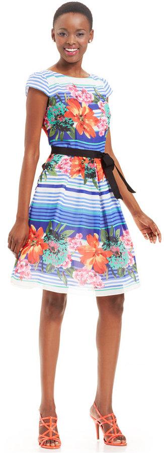 Mariage - SL Fashions Cap-Sleeve Striped Floral Dress