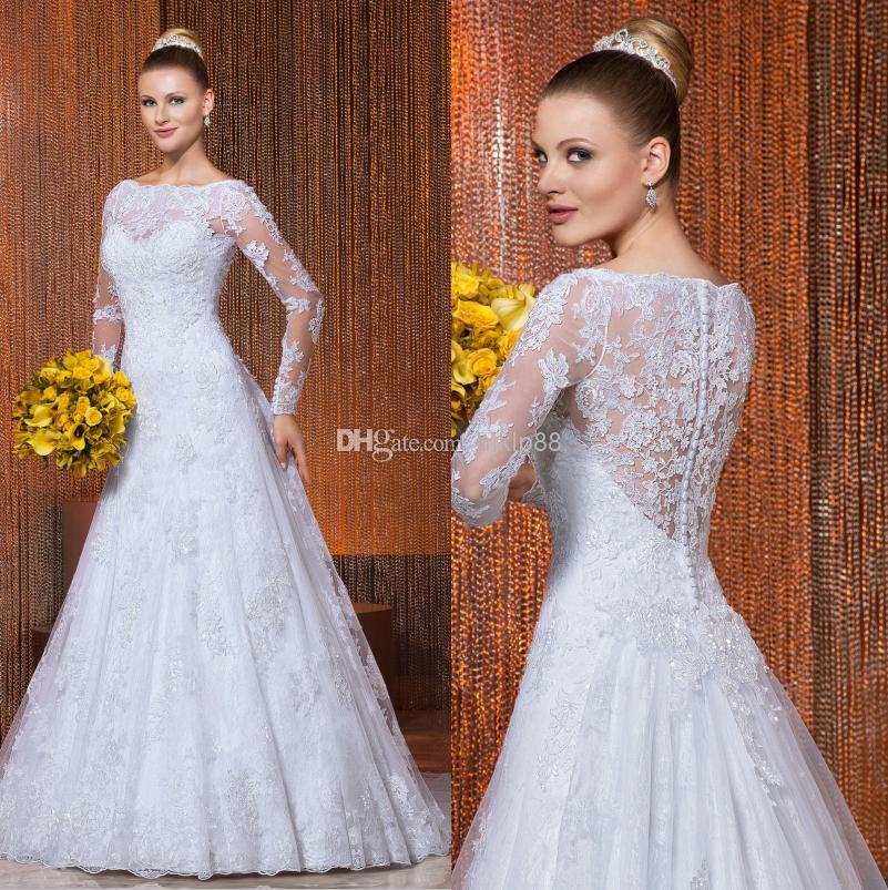 Mariage - 2014 New Vestido De Noivas Long Sleeve Illusion Backless Vintage Applique Beaded A-Line Wedding Dresses Button Detachable Train Bridal Gown, $129.06 