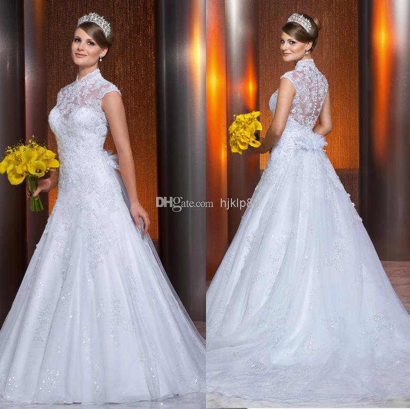 Hochzeit - 2014 New Vestido De Noivas High-Neck Illusion Backless Vintage Applique Beaded A-Line Wedding Dresses Via Sposa Detachable Train Bridal Gown, $133.51 