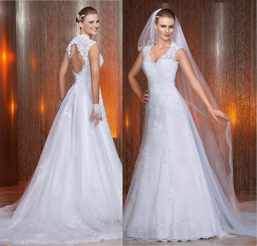 زفاف - Luxury Vestido De Noivas V-Neck Backless 2014 New Arrival Tulle Applique Beaded A-Line Wedding Dresses Via Sposa Detachable Bridal Gown, $124.61 