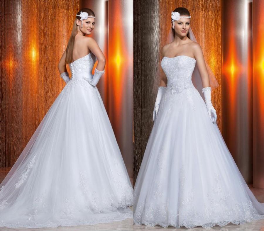 Mariage - Best-selling Strapless Vestido De Noivas 2014 New Arrival Tulle Applique Beaded A-Line Wedding Dresses Via Sposa Detachable Bridal Gown, $124.61 