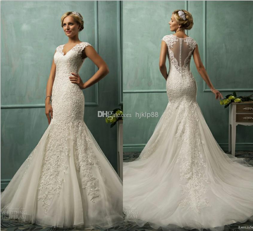 Hochzeit - 2014 New Amelia Sposa V Neck Cap Sleeve Lace Tulle Mermaid Wedding Gowns Appliques Fit Flare Sheer Backless Charming Bridal Wedding Dresses, $148.04 
