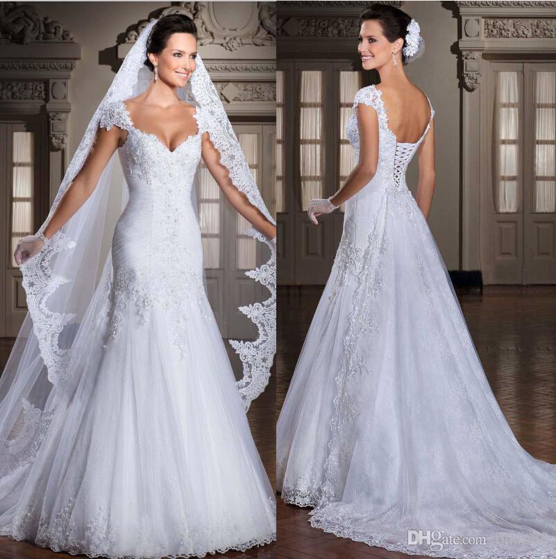 زفاف - New Arrival 2014 Vestidos De Noiva Tulle/Applique Beaded Wedding Dresses Bridal Gowns Detachable Train, $117.72 