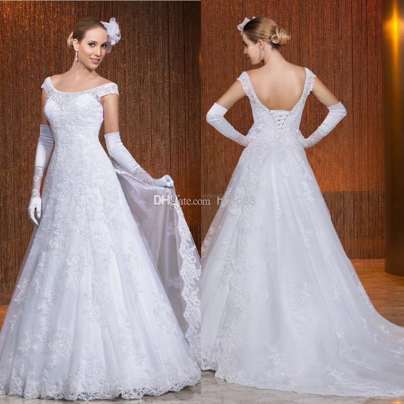 Hochzeit - 2014 New Off-Shoulder Vintage Applique Beaded A-Line Wedding Dresses Via Sposa Detachable Train Bridal Gown Vestido Noivas Lace Up Free Ship, $129.06 