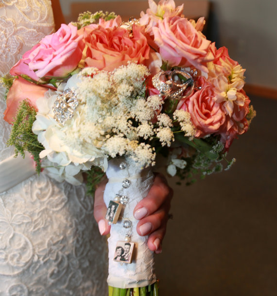 Свадьба - Bridal Bouquet Custom Photo Charm - Double Sided - Pearls & Swarovski Crystals