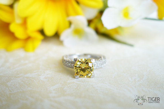Hochzeit - 2.5 carat Round Solitaire Accented Filigree Canary Yellow Engagement Ring, Diamond Simulant, Promise Ring, Wedding, Bridal, Sterling Silver