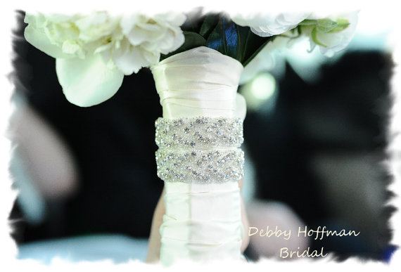 Hochzeit - Beaded Rhinestone Crystal Bridal Bouquet Wrap, Wedding Bouquet Cuff, Cuff Bracelets, Set of 2, No. 3010BW, Wedding Accessories, Bouquet Wrap
