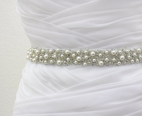Wedding - Best Seller - MONACO - 1" White Swarovski Pearls Encrusted Bridal Sash, Wedding Beaded Belt, Pearl Bridal Belts