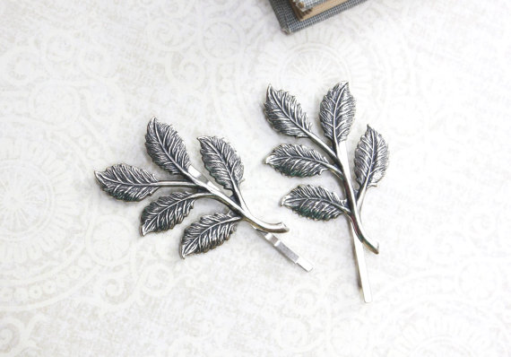 Hochzeit - Silver Branch Bobby Pins Antique Silver Leaf Hair Clips Nature Hair Accessories Woodland Wedding Grey Winter Forest Leaves Hair Slides