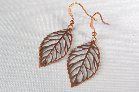 Hochzeit - copper leaf earrings bridal jewelry  drop long dangle bridesmaid earrings