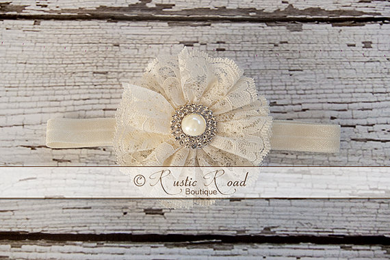 Hochzeit - Lace Flower Headband, Flower Girl Headband, Baby Girl Lace Headband, Rustic Vintage Wedding, Christening Headband, Cream Ivory, Shabby Chic