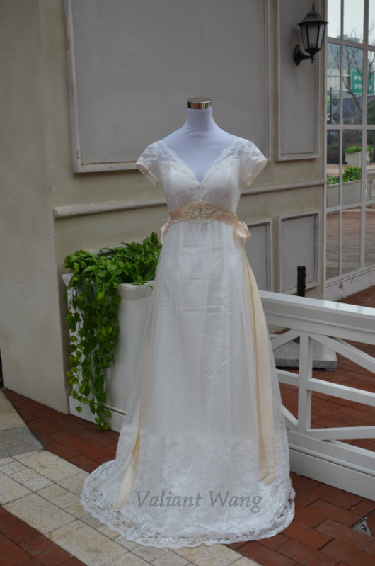 Wedding - Ivory Lace Tulle Wedding Dress Champagne Beading Sash Open Back Wedding Gown