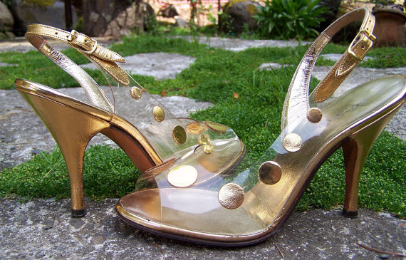 زفاف - Vintage 1950s Lucite Gold Dot Mr. Kimel of California Slingback Heels-Bridal-Prom-Holiday shoes