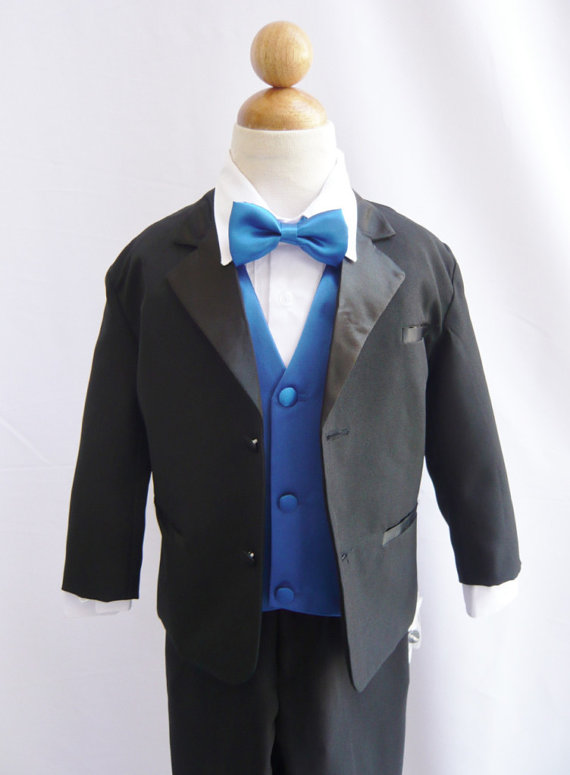 Mariage - Tuxedo to Match Flower Girl Dresses Color in Black with Blue Royal Vest for Toddler Baby Ring Bearer Easter Communion Bow Tie