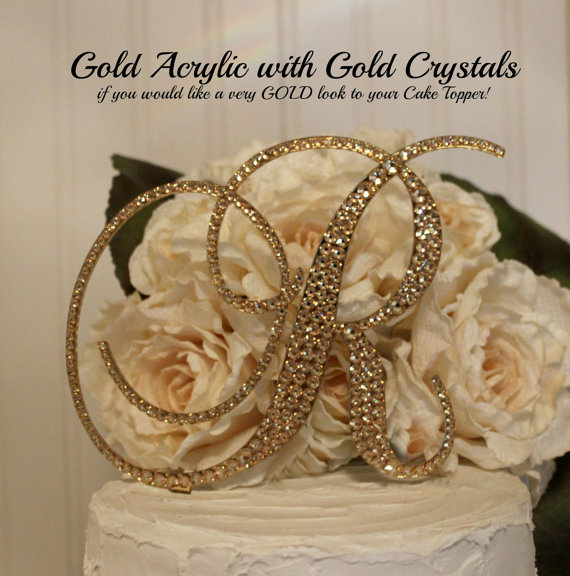 زفاف - GOLD Acrylic with GOLD SWAROVSKI Crystals, Monogram Wedding Cake Topper in any letter A B C D E F G H I J K L M N O P Q R S T U V W X Y Z