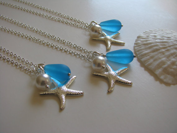زفاف - Bridesmaid Jewelry Aqua Turquoise Blue Necklace with Pearl & Crystal or Starfish or Anchor Charm for Beach Wedding