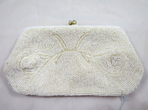 Hochzeit - White Beaded Clutch Handbag Formal Wedding Art Deco