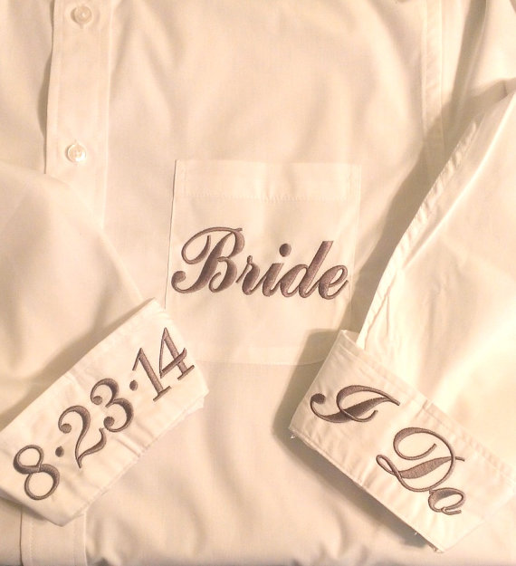 Mariage - Monogrammed Bride or Bridesmaid button down shirt with extra embroidery. Bride, Maid or Honor, Mother of the Bride, I Do, etc.
