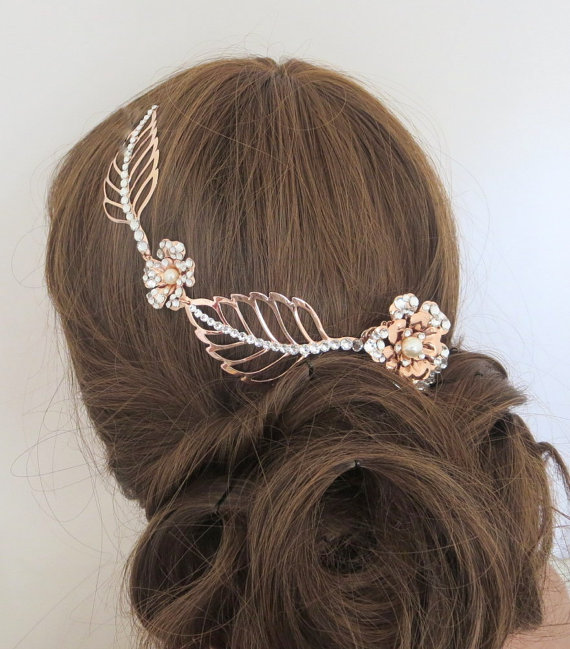 Wedding - Rose Gold Headpiece, Leaf hair accessory, Crystal Bridal hair clip, Wedding headpiece, Bridal hair vine, Swarovski crystal, Rhinestone hair