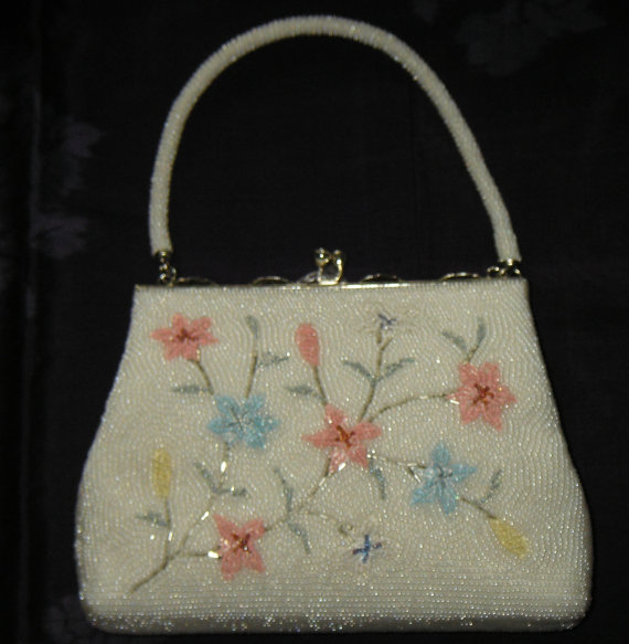 Wedding - MINT Silk BEADED CLUTCH Vintage Japanese Kimono Bag w/Beaded Handle -  White with Pink & Blue Pastel Flowers - Perfect for Wedding