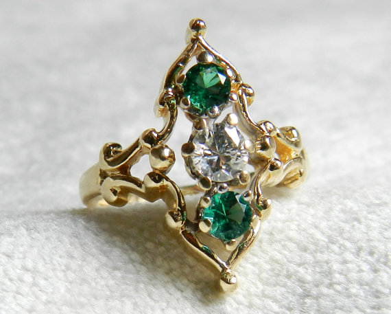 Wedding - Engagement Ring Antique Diamond Emerald Engagement Ring 14K Art Deco Emerald Ring May Birthday