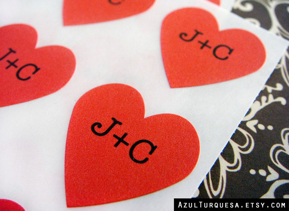Wedding - 108 custom wedding heart stickers .75 inch red matte paper, envelope seals, stickers, wedding favor (S-18)
