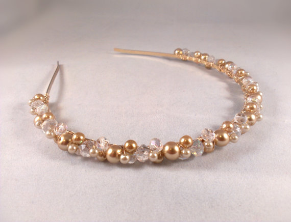 زفاف - Gold Bridal Headband - With Swarovski Crystals And Czech Glass Pearl, Gold Wedding Headband