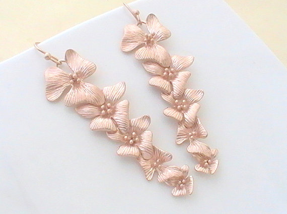 Rose Gold Flower Earrings Long Dangle Bridesmaid Rose Gold Flower Earrings Long Dangle Bridesmaid Gift Wedding Jewelry Bridal