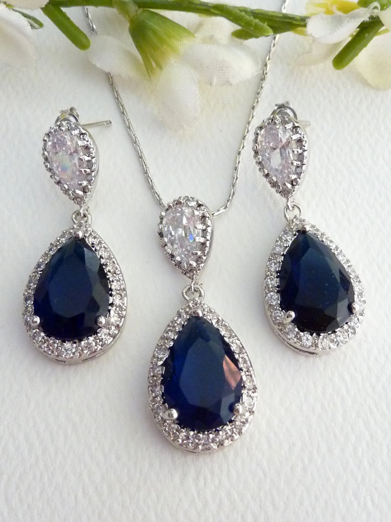 زفاف - Wedding Bridal Jewelry SET - Halo Sapphier Blue Peardrop Cubic Zirconia with White Gold Plated CZ Post Earring and Necklace