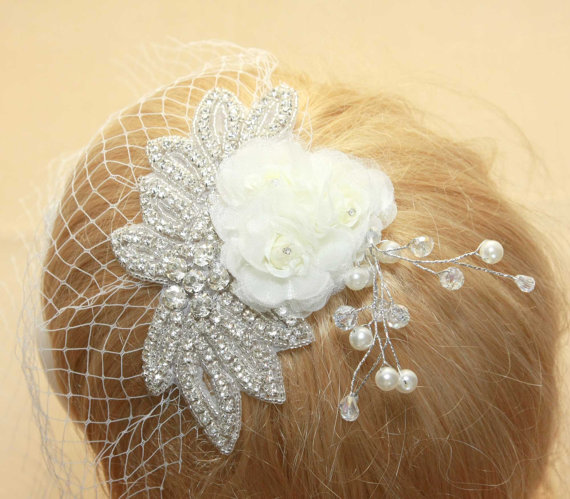 Hochzeit - Crystal Applique Ivory Flower Pearl Cluster Wedding Bridal Brides Birdcage Bird Cage Veil
