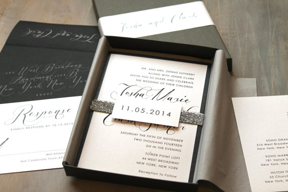 Hochzeit - Glitter Silver Wedding Invitations, Luxury Metallic Boxed Wedding Invitations “Black Script Box Invite” Deposit - NEW LOWER PRICE!