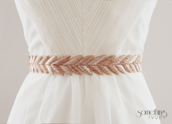 Hochzeit - HANABI in Rose Gold - Metallic Bullion Embroidered Bridal Belt, Wedding Sash