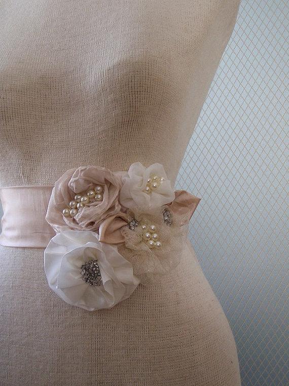 Wedding - Ready to ship wedding sash bridal belt  CHAMPANGE  OFF WHITE  sash  handmade flowers