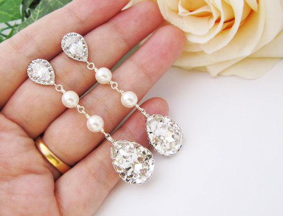Wedding - Wedding Bridal Jewelry Bridal Earrings Bridesmaid Earrings Cubic zirconia earrings with Clear White Swarovski Crystal and Pearls Tear drops